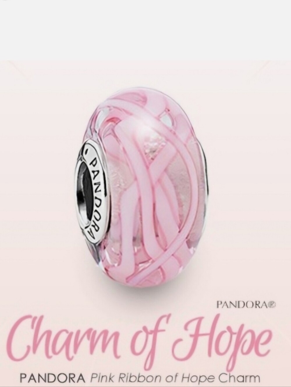 PANDORA Breast Cancer Pink Ribbon Of Hope Murano Glass Sterling Silver Charm